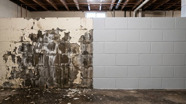 Interior basement wall showing contrast between deteriorated mold damaged masonry and newly painted cinder block partition