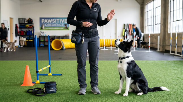 A professional female dog trainer giving a hand command to an attentive black and white border collie sitting on green turf during an obedience school class