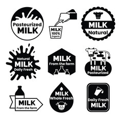 Fototapeta premium Fresh Milk Badge Logos Set with Dairy Cow Splash and Organic Farm Labels