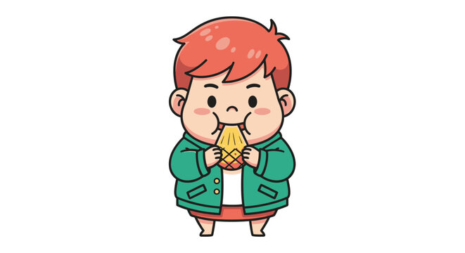 Cute cartoon child happily eating corn on cob.