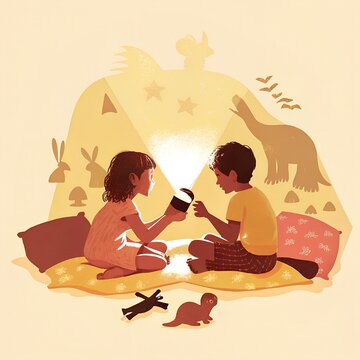 Mia & Jon's Shadow Play - Children Making Animal Shadows with Flashlight, Children's Watercolor Illustration
