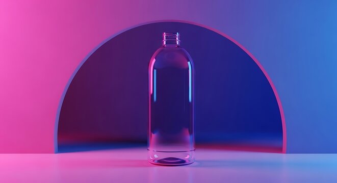 A 2 liter bottle standing centrally in a minimalist studio setting illuminated by vibrant neon pink and blue gradient lighting with an arched background