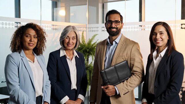A diverse business team stands together in a modern office. This professional group poses for a corporate portrait. The happy business team is smiling. This office group poses for the camera.