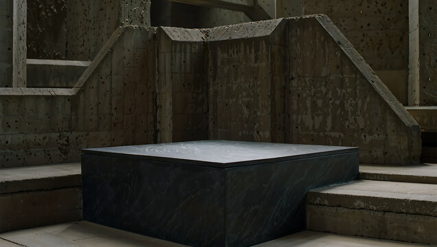 Dark Industrial Concrete Podium Platform with Brutalist Architectural Background for Luxury Product Display
