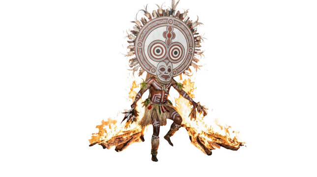 Traditional dancer wearing a large circular mask and body paint performing a ritual fire dance against a solid black background