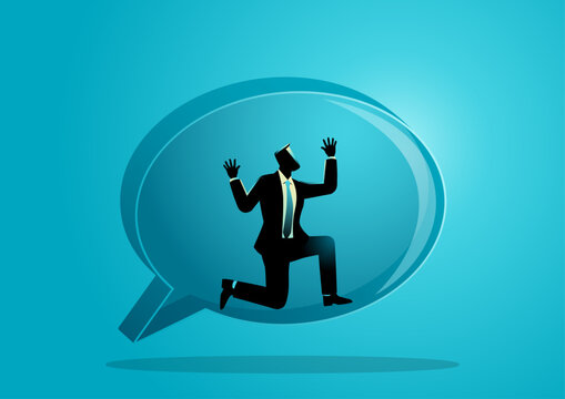 Businessman trapped inside speech bubble, communication pressure, trapped by public opinion, censorship concept