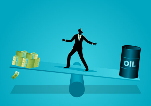 Vector illustration of an oil barrel and stacks of money placed on opposite ends of a seesaw, symbolizing the fluctuation of oil prices and their impact on the economy.