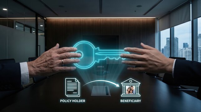 Generational Wealth Transfer and Life Insurance Concept: Older and Younger Hands Touching Holographic Key with Policy Holder to Beneficiary Data Transfer