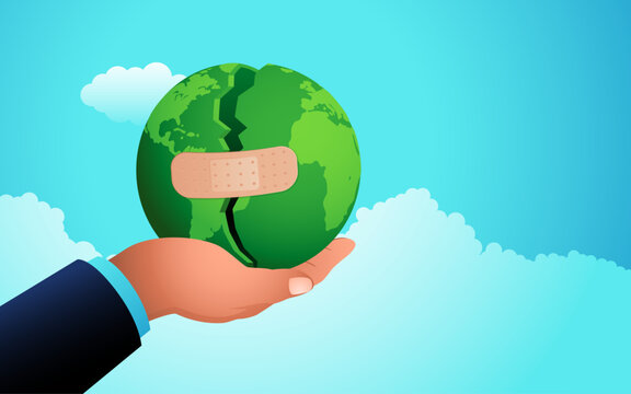 Hand holding patched cracked earth, global healing concept illustration