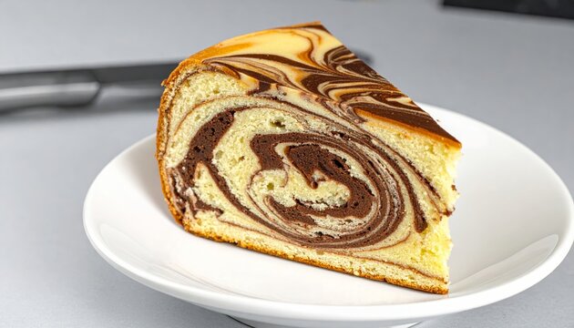 A delicious slice of marble cake featuring beautiful swirls of vanilla and chocolate batter on a white plate