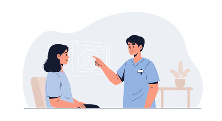 Fototapeta premium Doctor discussing medical scan with female patient, healthcare consultation illustration