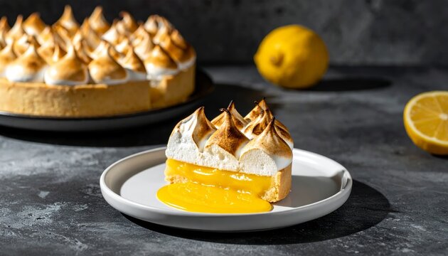 A slice of deconstructed lemon meringue pie cake with torched peaks and oozing lemon curd on a plate