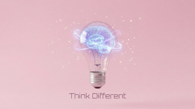 Conceptual image of a glass lightbulb containing a glowing digital human brain model. innovation and neuroscience, isolated on a clean pink background with floating sparkles. Think Different