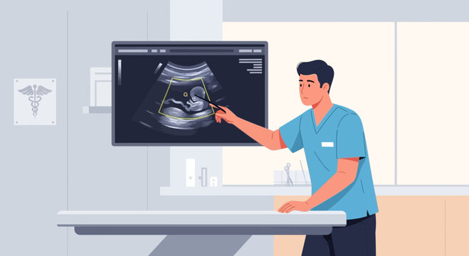 Doctor points to ultrasound image of fetus on screen in clinic, pregnancy checkup