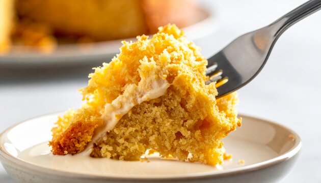 A fork is taking a delicious bite from a moist and fluffy slice of tres leches cake showing its creamy filling and golden crust