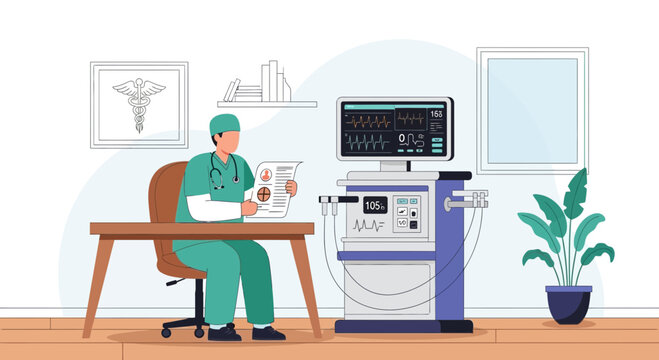 Doctor studying medical chart at desk beside ICU ventilator machine in hospital room.