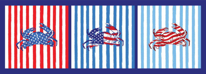 Retro Red White Blue Striped Crab 4th of July Celebration Poster Set with Beach BBQ Seafood Theme © maizephyr