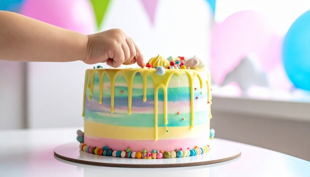 A small child's hand sneakily takes frosting from a colorful layered birthday cake with yellow drips