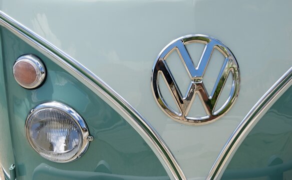 Vintage Volkswagen T1 bus chrome emblem and headlights