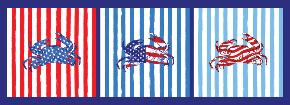 Retro Red White Blue Striped Crab 4th of July Celebration Poster Set with Beach BBQ Seafood Theme