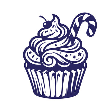 Cupcake with cherry and candy cane topping vector illustration frosting illustration christmas celebration minimalist silhouette delicious confectionery