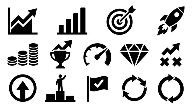 Sales Metrics and Business Growth Silhouette Icons Set
