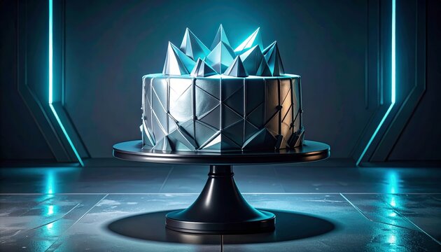A strikingly futuristic cake with metallic silver icing and sharp geometric decorations on a dark stand