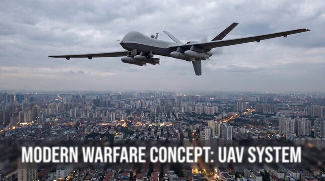 Military drone armed with explosives flies high above a city. Attack, concept.