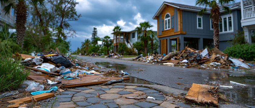 Destroyed houses and debris littering the streets in the aftermath of the hurricane &ndash; a stark reminder of the consequences of natural disasters, the need to adapt, 