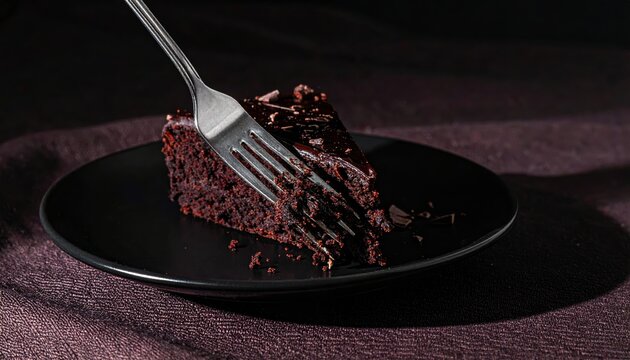 A fork piercing a rich slice of moist devil's food chocolate cake on a black plate
