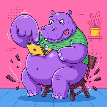Angry Hippo Using Laptop on Broken Chair