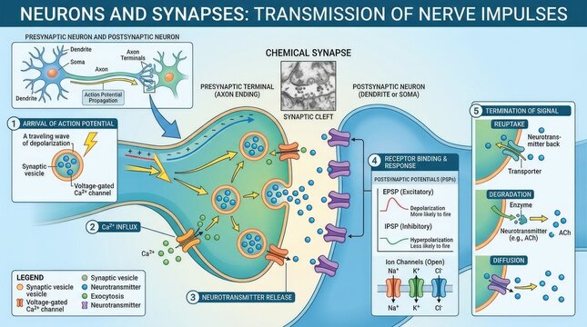 Neural signal transmission, synaptic communication mechanism explaining thinking, cognitive thought process, brain function involving serotonin dopamine oxytocin hormone.