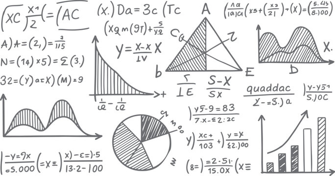 Hand drawn mathematical equations graphs and geometric shapes on a white background mathematics formula
