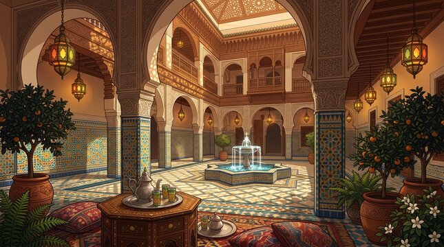 Traditional Moroccan Riad Courtyard with Fountain and Orange Trees