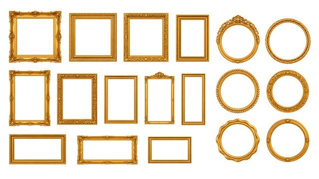 Modern collection of gold frames in multiple rectangular and circular styles isolated on a white background for luxury design applications.