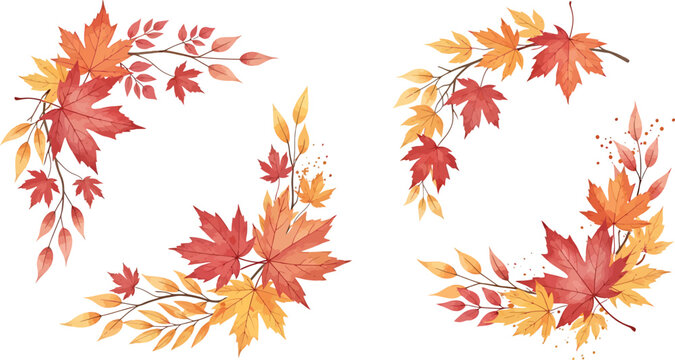 Watercolor autumn maple leaf corner borders set with red and orange foliage for seasonal greeting cards and fall invitations vector