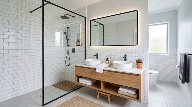 Double sink bathroom with black framed glass shower and illuminated mirror in white subway tiled modern home interior with window light