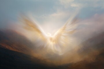 Obraz premium Radiant guardian angel figure hovering in misty sky for spiritual background poster and inspirational banner design