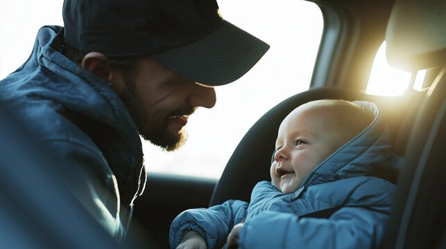 Caring parent leaning into car, interacting with smiling child in safety seat, daylight streaming through window