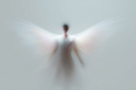 Blurred angelic figure with expansive wings in soft light minimal background for spiritual wallpaper and inspirational poster