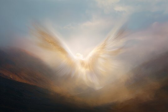 Radiant guardian angel figure hovering in misty sky for spiritual background poster and inspirational banner design