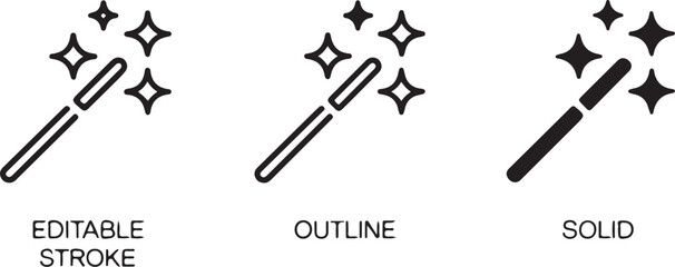 AI magic wand icon set. Generate symbol and Artificial intelligence sign. Line and silhouette icon. Icons for app user interface and web elements. Vector illustration. Editable stroke. © MstHazara
