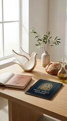 Orthodox Holy Spirit Monday religious observance layout, featuring divine spirit symbol, holy scripture book, ceremonial bread, pure olive oil, wooden table surface, peaceful window light