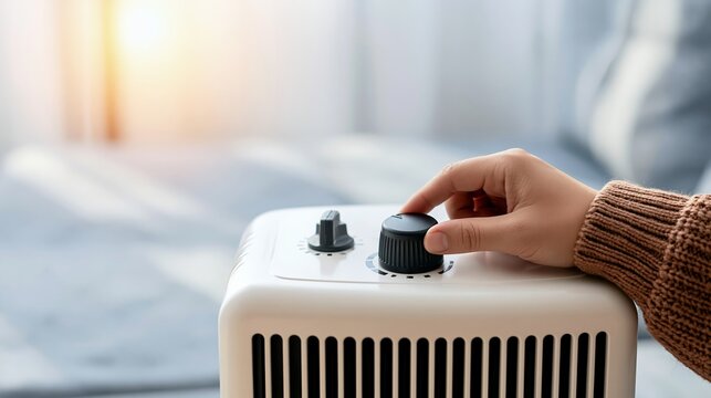Person's hand adjusting a temperature control knob on a modern portable electric heater, creating warmth in an indoor domestic environment