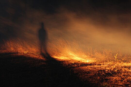 Shadow figure amid scorched ground with glowing embers for eerie horror background and suspense banner design