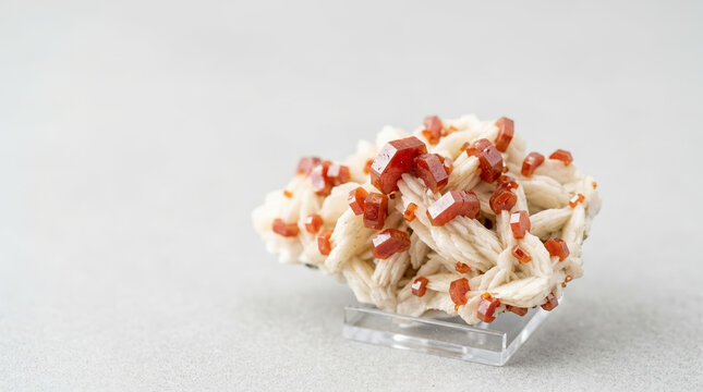 Colorful mineral specimen resembling shredded wheat cereal in clear glass container on light surface. Unique geological formation with vibrant orange and white hues, ideal for scientific, educational,