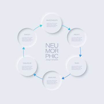Neomorphic infographic circular diagram with arrows. Six elements for text or icons.