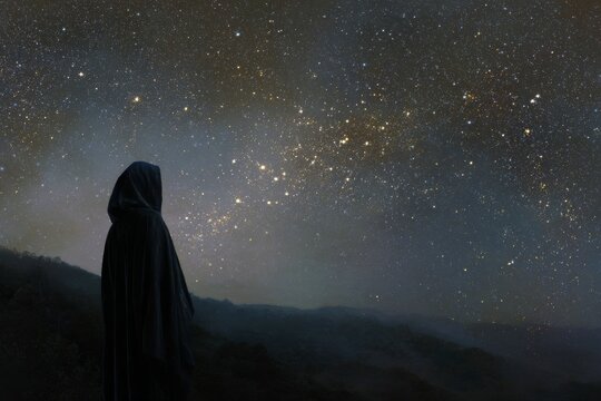 Seer prophet standing on night ridge gazing at starry sky background for mystical poster and contemplative wallpaper design