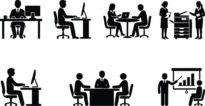 A black and white silhouette office icon set featuring business workers at desks, conference meeting discussion, printer copier use, and corporate graph presentation.