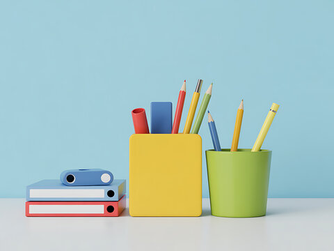 Colorful office supplies on a desk  yellow pencil holder  green cup with pencils  stack of binders transparent background